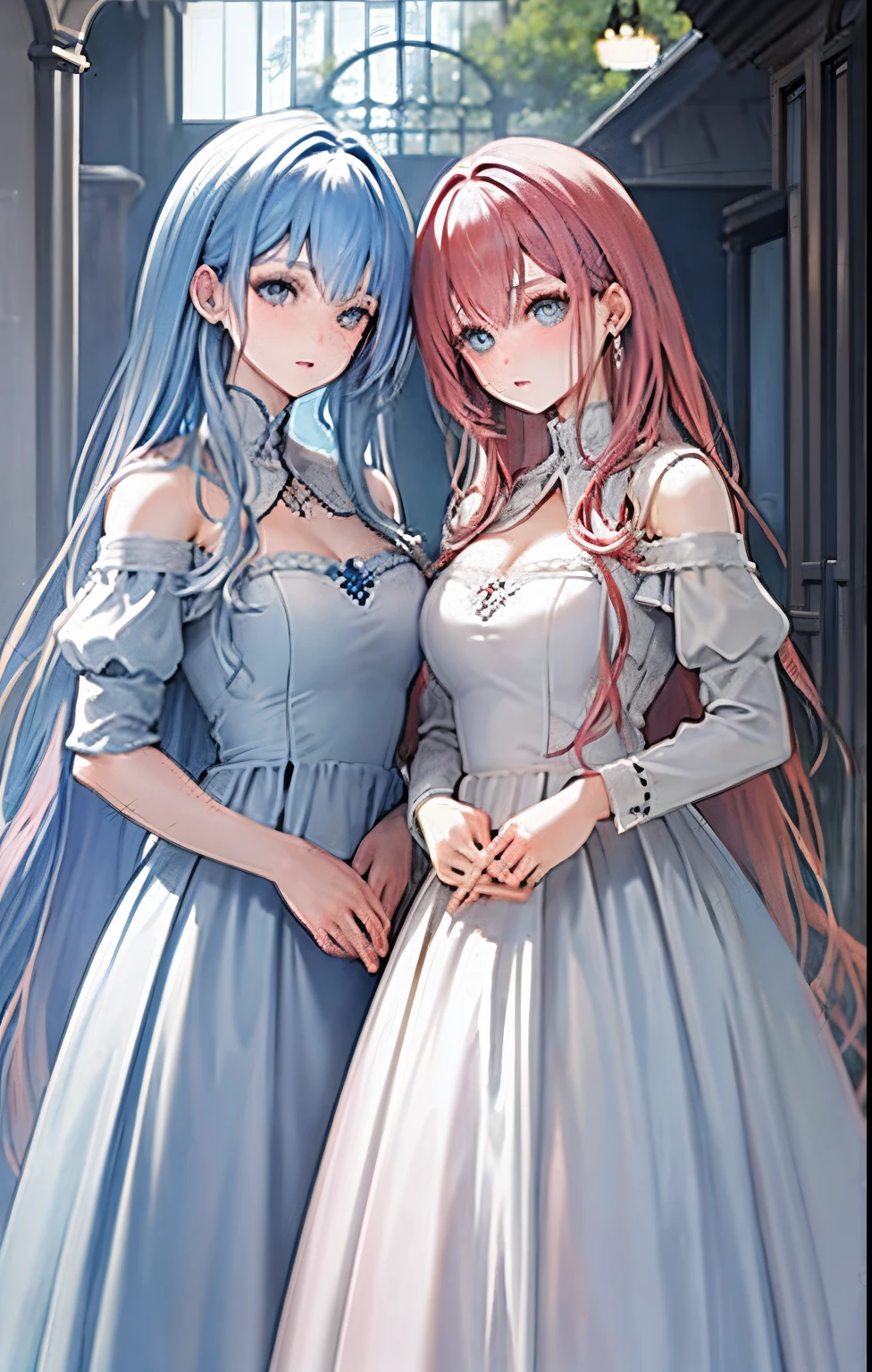 two twin sisters, one with pink hair and blue eyes and the other with blue hair and eyes.  They wear medieval dresses.  Light novel style.  In the background there is a portrait of a man with red hair and another portrait of a boy with brown hair.