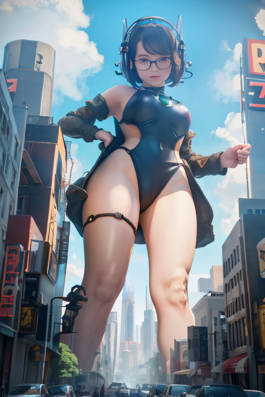 giantess art, highly detailed giantess shot, der riese, Beautiful girl wearing a huge swimsuit, Shorthair, Giant woman bigger than a skyscraper, Wearing rimless glasses, Colossal tits, Big ass, Futanari, Giant Root, Erect , very small metropolis, miniature metropolis, Full body depiction, The clothes you take off are hung on the building.., nffsw, der riese, Small town,micro city,