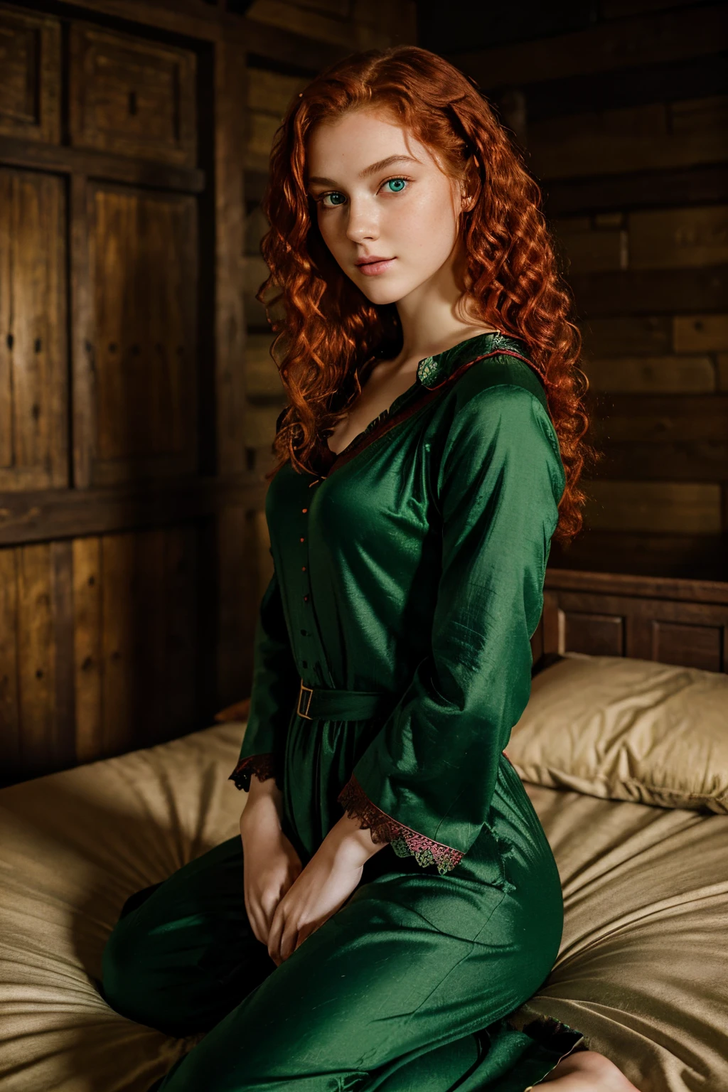 (At night time, low light) fair complexion, woman around 19 years old, red curly hair, (beautiful green eyes), wearing medieval pajamas, slender and graceful, slutry face, beautiful, in a medieval room bed, ultra sharp focus, realistic shot, (Looking at POV)