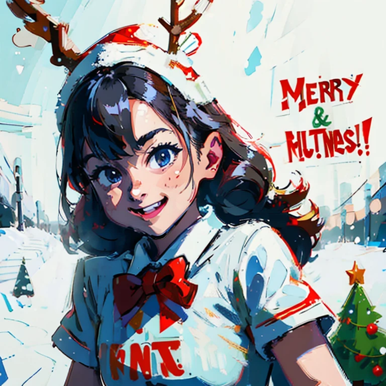 "Cute athletic girl smiling wearing reindeer hat and bow tie, snow behind pine trees, Merry Christmas style, hyper-high detail, (((white backgrounid))), Stylized, Vector graphics, high high quality, 12k, solidcolor, gorgeous one, 6 warm colors, sticker design, Professional t-shirt design, Vector t-shirt art ready for print, (tmasterpiece, Best quality, A high resolution:1.4)"