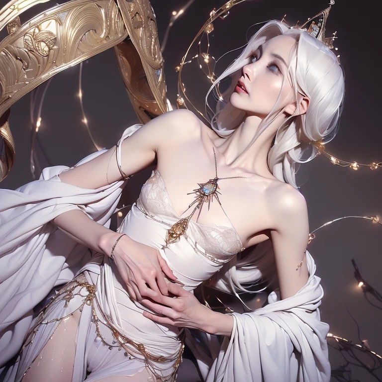 (masterpiece, best quality, 8k, empty background, dramatic, beautiful eyes, dark souls:1.5), (dark sun gwyndolin, albino, slender androgynous male, flat chest, male crotch:1.5)