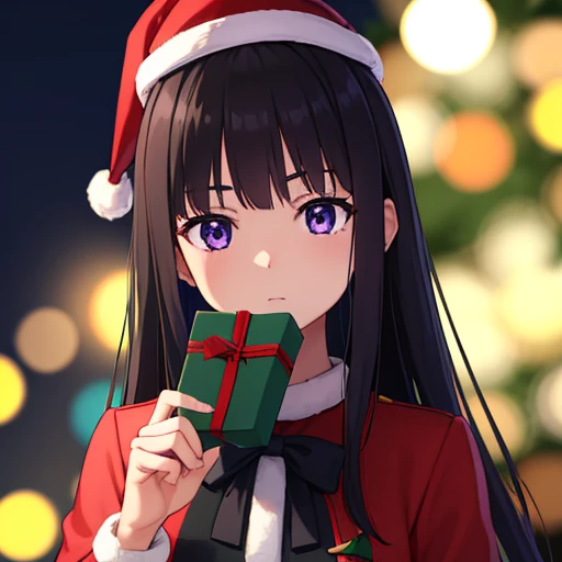 takinainoue, inoue takina, long hair, bangs, black hair, (purple eyes:1.2), christmas shirt, dress, ribbon, christmas uniform, red shirt, white shirt, belt, neck ribbon, christmas dress, rainbow ribbon, red and white dress, two-tone dress, black belt, christmas uniform, best quality, high resolution, unity 8k wallpaper, (illustration:0.8), (beautiful detailed eyes:1.6), extremely detailed face, lighting, detailed CG, (perfect hands, perfect anatomy), christmas hat, christmas accesories, eating candycane, raindeer, nightsky, christmas tree