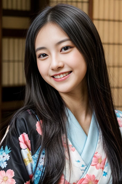 1 Japanese girl wearing a beautiful kimono floral pattern sweet smile long black hair