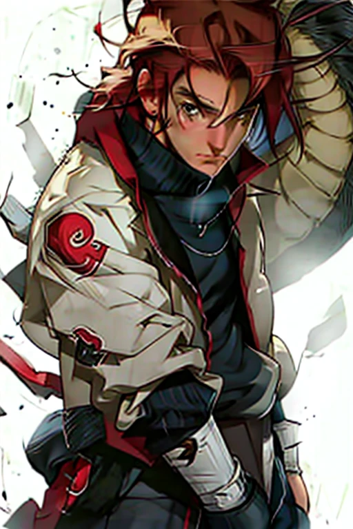 a boy with short red hair and dreamy brown eyes, It has a pair of claws attached to its back and four scroll holders