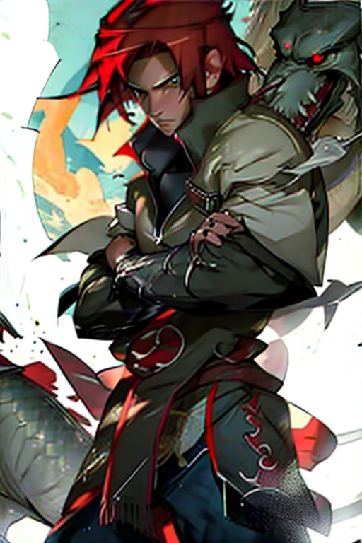 a boy with short red hair and dreamy brown eyes, It has a pair of claws attached to its back and four scroll holders