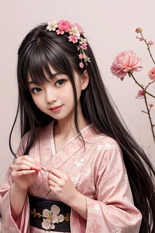 1 Japanese girl wearing a beautiful kimono floral pattern sweet smile long black hair