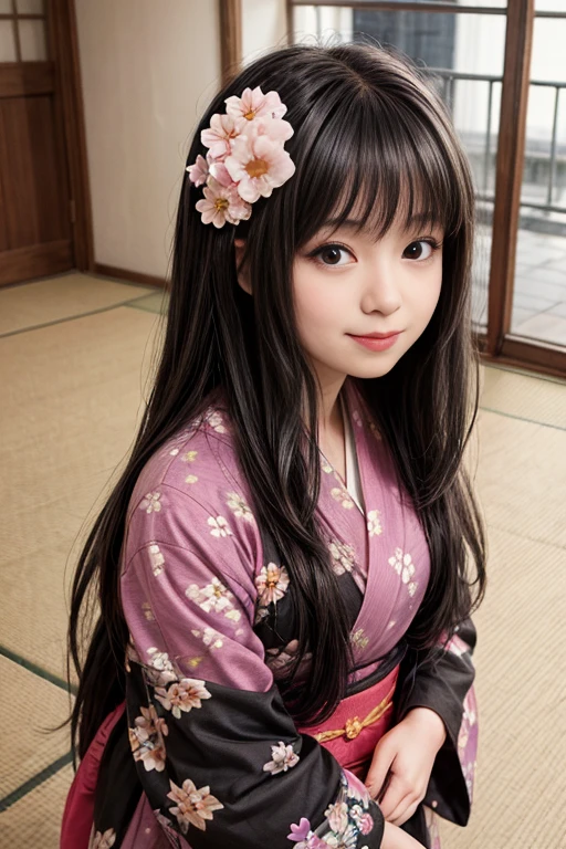 1 Japanese girl wearing a beautiful kimono floral pattern sweet smile long black hair