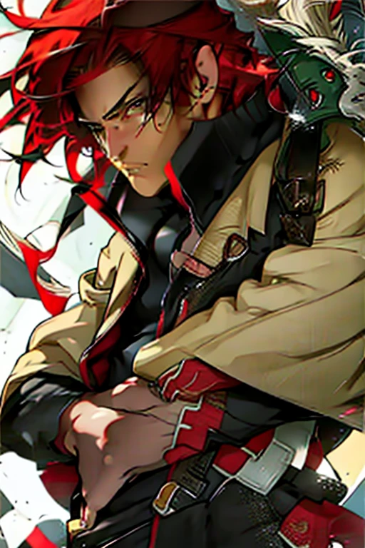 a boy with short red hair and dreamy brown eyes, It has a pair of claws attached to its back and four scroll holders