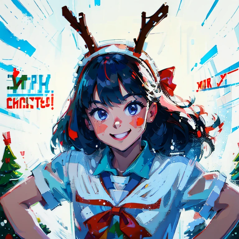"Cute athletic girl smiling wearing reindeer hat and bow tie, snow behind pine trees, Merry Christmas style, hyper-high detail, (((white backgrounid))), Stylized, Vector graphics, high high quality, 12k, solidcolor, gorgeous one, 6 warm colors, sticker design, Professional t-shirt design, Vector t-shirt art ready for print, (tmasterpiece, Best quality, A high resolution:1.4)"