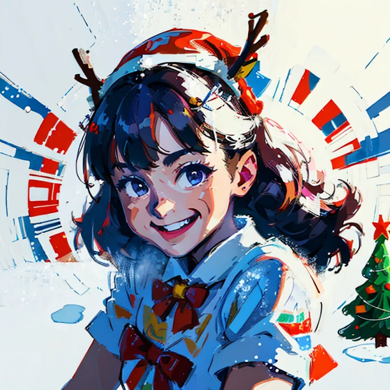 "Cute athletic girl smiling wearing reindeer hat and bow tie, snow behind pine trees, Merry Christmas style, hyper-high detail, (((white backgrounid))), Stylized, Vector graphics, high high quality, 12k, solidcolor, gorgeous one, 6 warm colors, sticker design, Professional t-shirt design, Vector t-shirt art ready for print, (tmasterpiece, Best quality, A high resolution:1.4)"