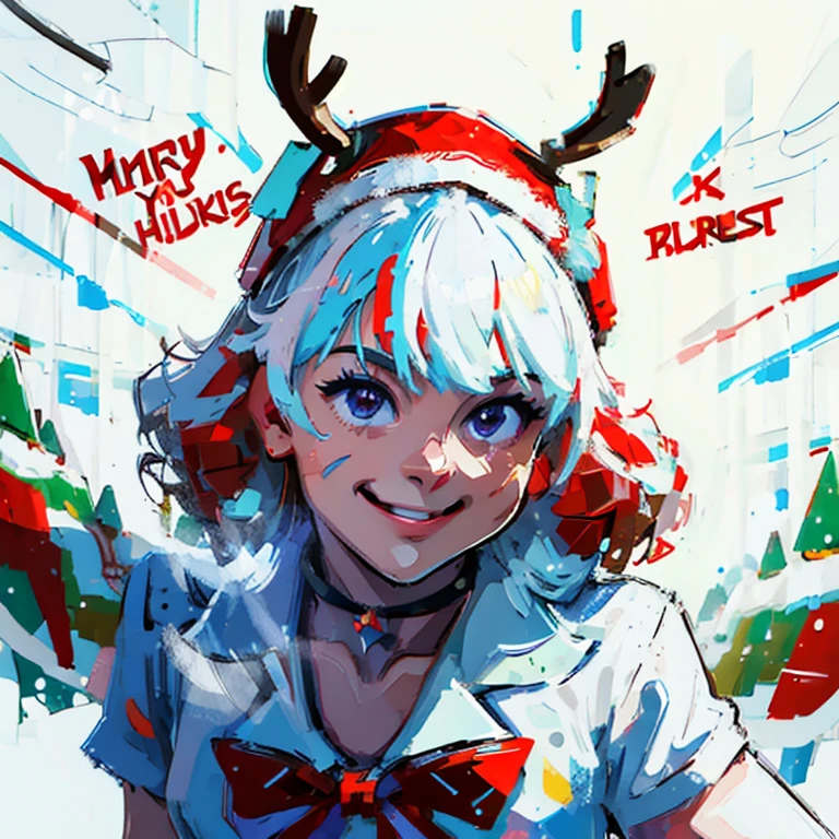 "Cute athletic girl smiling wearing reindeer hat and bow tie, snow behind pine trees, Merry Christmas style, hyper-high detail, (((white backgrounid))), Stylized, Vector graphics, high high quality, 12k, solidcolor, gorgeous one, 6 warm colors, sticker design, Professional t-shirt design, Vector t-shirt art ready for print, (tmasterpiece, Best quality, A high resolution:1.4)"