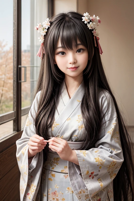 1 Japanese girl wearing a beautiful kimono floral pattern sweet smile long black hair Hime