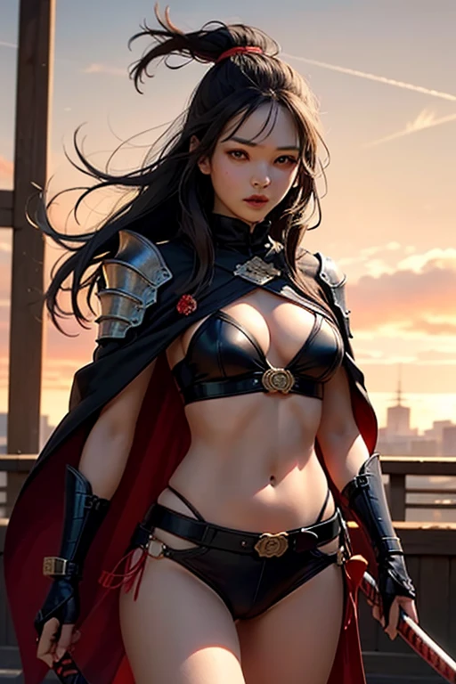 ((best quality)), ((masterpiece)), (detailed), perfect face, girl, warrior, sexy samurai armor, wielding katana, red-orange sunset, japanese garden, tan skin, midriff, ((long cloak)), ((long black hair)),