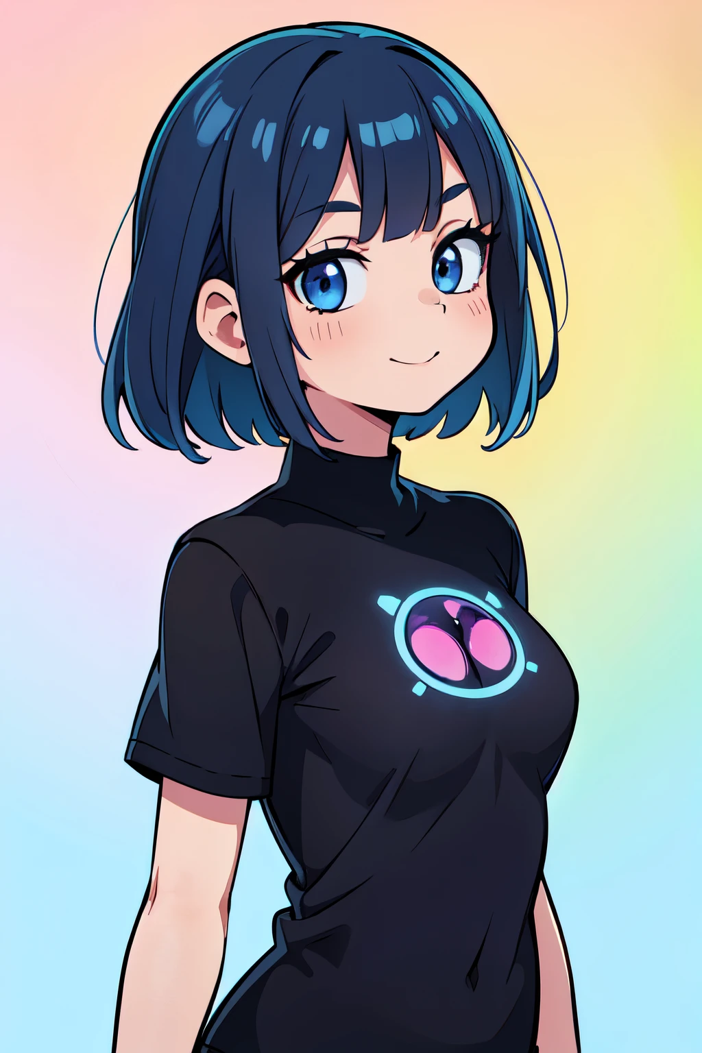 (ultra bright color, masterpiece, best quality, bloom, warm soft light, modern, hi-tech), 1girl, solo, standing in full growth, (background:1.4), black T-shirt without print, beautiful detailed face, light smile, (blue) medium hair, (detailed (blue) ruby eyes), young, small breasts,