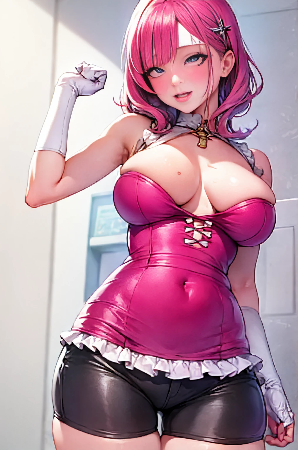 Vibrant eyes, Prism Color, Vibrant colors, Gradient Hair, 1girll, Exposure disorder, ((Colorful, Lace Micro Shorts, Underbust)), medium breasts, White background, Realistic, award - winning photo, ((frilld)), longing, ((Realistic skin texture)), Ruffled Headgear, bow ribbon, arm clamp,Bigchest,Colossal tits