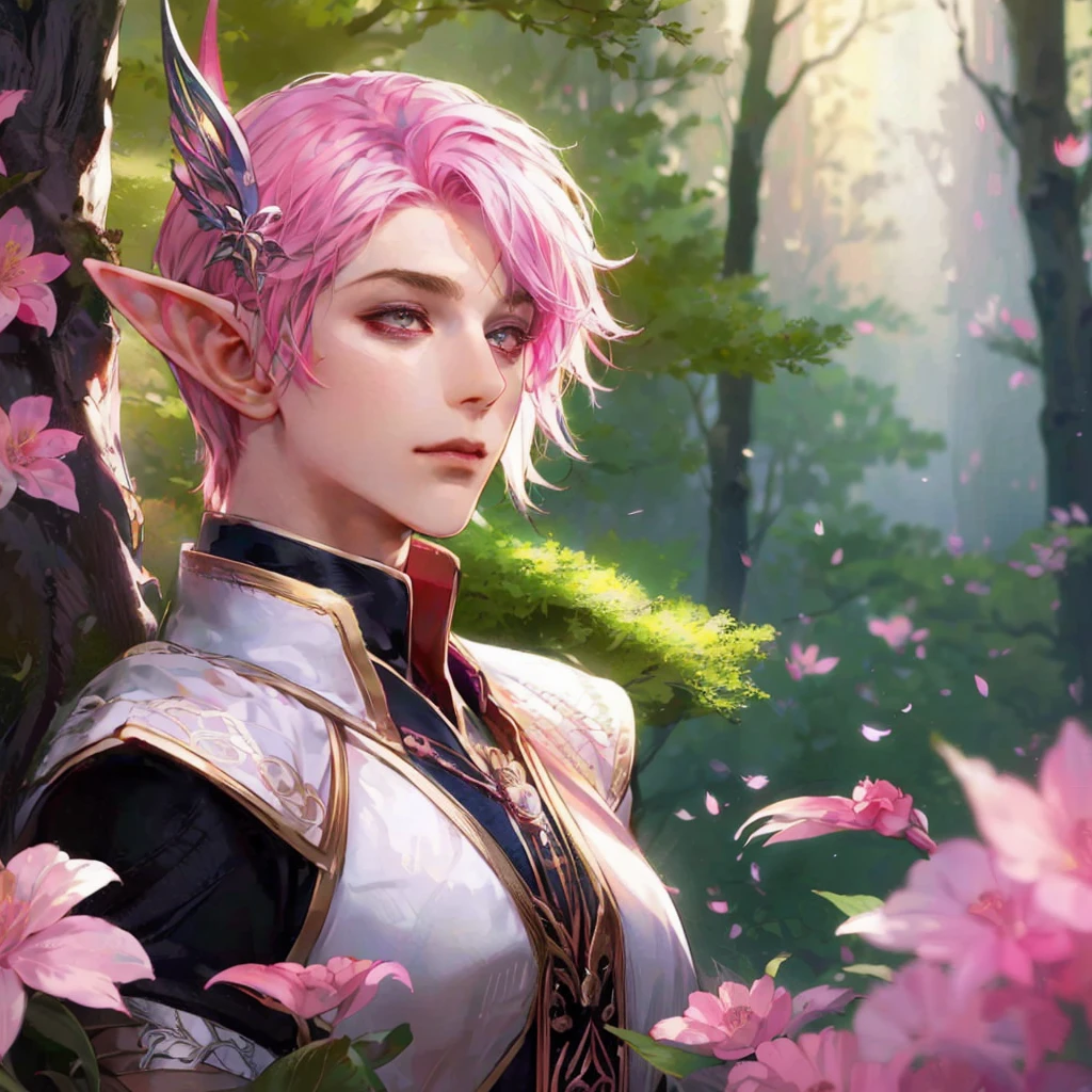 (best quality,4k,8k,highres,masterpiece:1.2),ultra-detailed,(realistic,photorealistic,photo-realistic:1.37),anime-style portrait,man with pink hair and silver eyes,flower elf portrait,anime portrait,handsome man,silver-eyed man,pink-haired man,anime artwork,fairy,portrait of a man,portrait of an elf,anime flower elf,silver-eyed flower elf,pink-haired flower elf,spellcasting,enchanted forest,background with magical elements,elaborate clothing,robe with intricate patterns,mischevious atmosphere,glowing magical runes,dramatic lighting,nature-inspired color palette,mystical aura,mesmerizing gaze,expressive eyes,strong and confident pose,exquisite attention to facial features,meticulous attention to hair details,vibrant and vivid colors,evocative background,artistic interpretation,impressive artwork, smirking,