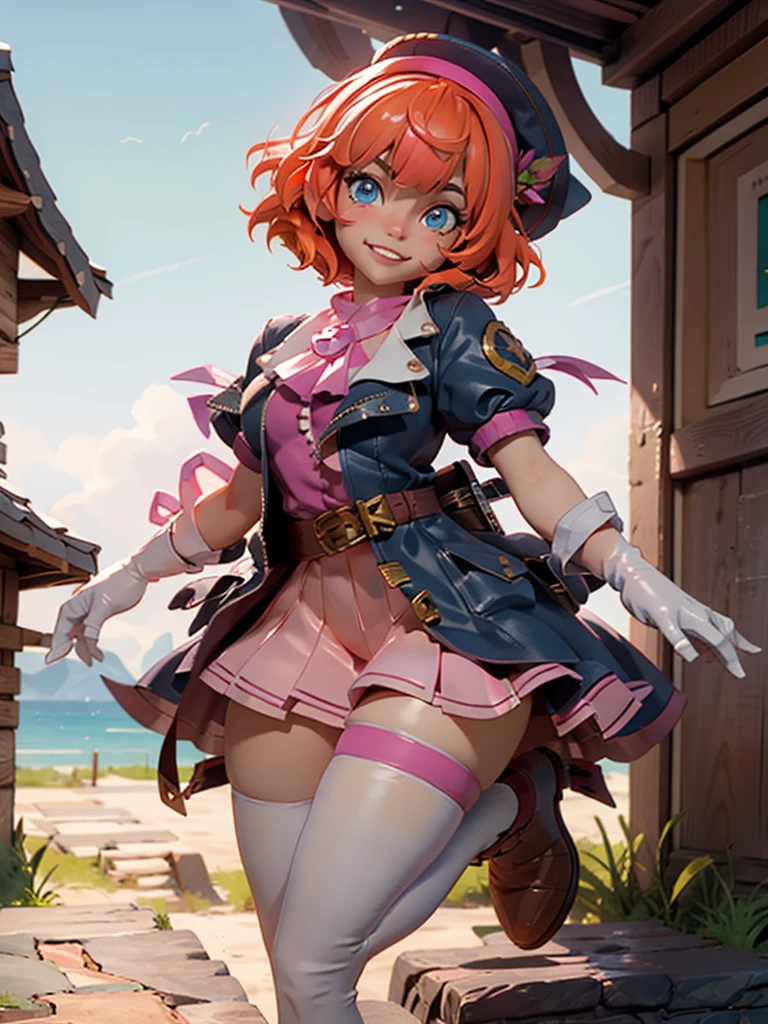 1girl,cowboy shot, beautiful noralkyrie, breasts, looking at viewer, blush, smile, short hair, bangs, blue eyes, skirt, thighhighs, gloves, holding, hair between eyes, jewelry, medium breasts, collarbone, full body, boots, orange hair, grin, shiny hair, blue cropped jacket, white thighhighs, hammernight, outdoors, park, (volumetric lighting), best quality, masterpiece, intricate details, tonemapping, sharp focus, hyper detailed, heart cutout, gloves, jacket, pink skirt, pink belt, short sleeves, puffy sleeves, single armband, fingerless gloves, pink gloves, white ankle boots with pink soles