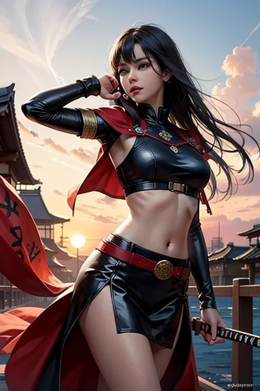 ((best quality)), ((masterpiece)), (detailed), perfect face, girl, warrior, samurai armor, wielding katana, red-orange sunset, japanese garden, tan skin, midriff, ((long cloak)), ((long black hair)),