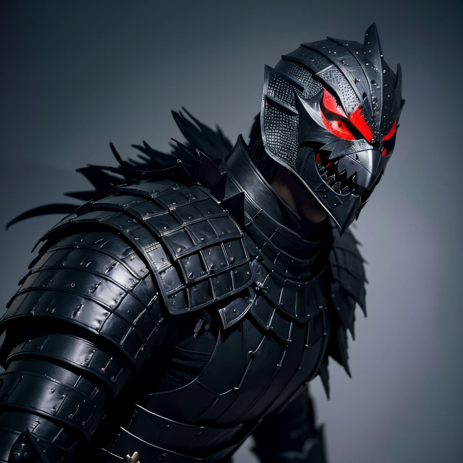 Jet black thick armor covered with tiny bone spurs,without showing face,Crocodile helmet mask,There are tiny purple-red knotted hairy patterns on the shoulders.,Sharp black claws,thick armor,terror,full bodyesbian