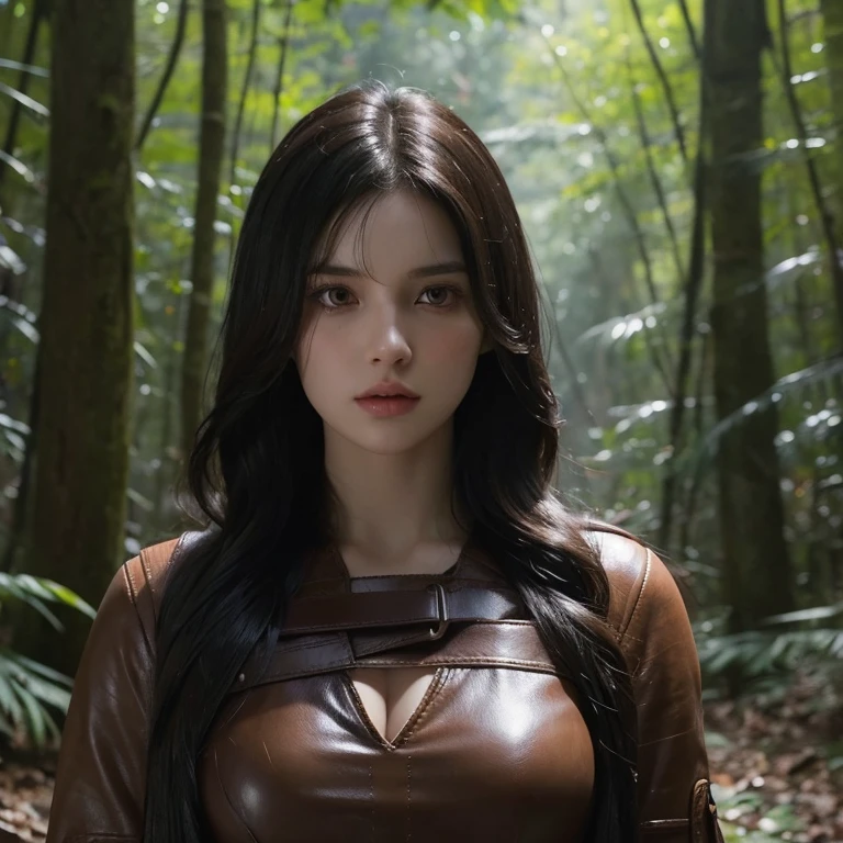 Young woman with long wavy black hair adorned with bangs. She has pale skin and light brown eyes. She  in the woods. She  dressed like a mercenary. Resident evil style.