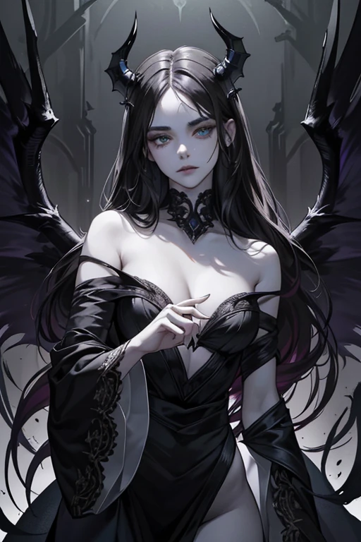 a  gothic pale woman with beautifully tattooed horns, a goddess of darkness with seductive features and demon wings, (intense and seductive) eyes, a (pale and flawless) face, (sharp and captivating) cheekbones, (plump and alluring) lips, (flowing and dark) hair, (mysterious and enchanting) aura, (elegant and tasteful) black clothing, (intricately designed) tattoos, (sinister and alluring) presence, (allurignly) confident stance, (subtly) glowing eyes, (graceful and strong) body language, (mesmerizing) gaze, (hauntingly) beautiful expression, (charmingly) crooked smile, (faint and delicate) horns, (delicate and intricate) wing details, (sharp and ominous) edges, (dark and ominous) wingspan, (gracefully) extended wings, (elegant and graceful) poses, (ethereal and enchanting) background, (subtle and atmospheric) lighting, (dark and moody) color palette, (mysterious and captivating) atmosphere, (dramatic and intense) shadows, (intricately) detailed artwork, (high contrast and dramatic) portraits, (hauntingly) beautiful scenery, (majestic and mystical) vibes, (emotionally) powerful imagery, (rich and deep) textures, (hypnotic) visual effects, (dreamlike) illusions, (intense and mesmerizing) compositions, (stunning and immersive) realism.