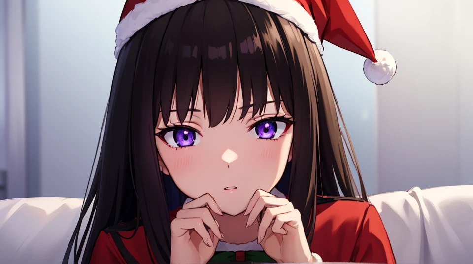 takinainoue, inoue takina, solo, long hair, bangs, black hair, (purple eyes:1.2), christmas shirt, dress, ribbon, christmas uniform, red shirt, white shirt, belt, neck ribbon, christmas dress, rainbow ribbon, red and white dress, two-tone dress, black belt, christmas uniform, best quality, high resolution, unity 8k wallpaper, (illustration:0.8), (beautiful detailed eyes:1.6), extremely detailed face, lighting, detailed CG, (perfect hands, perfect anatomy), christmas hat, christmas accesories, holding, christmas gift,