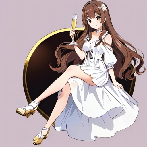masutepiece, Best Quality,((The background must be plain white:1.8))、For icons、 23 year old beautiful woman, brown haired:1.5、Wavy long hair、独奏、wearing party dress、Cheers with a glass of champagne、Full body、Bewitching smile、