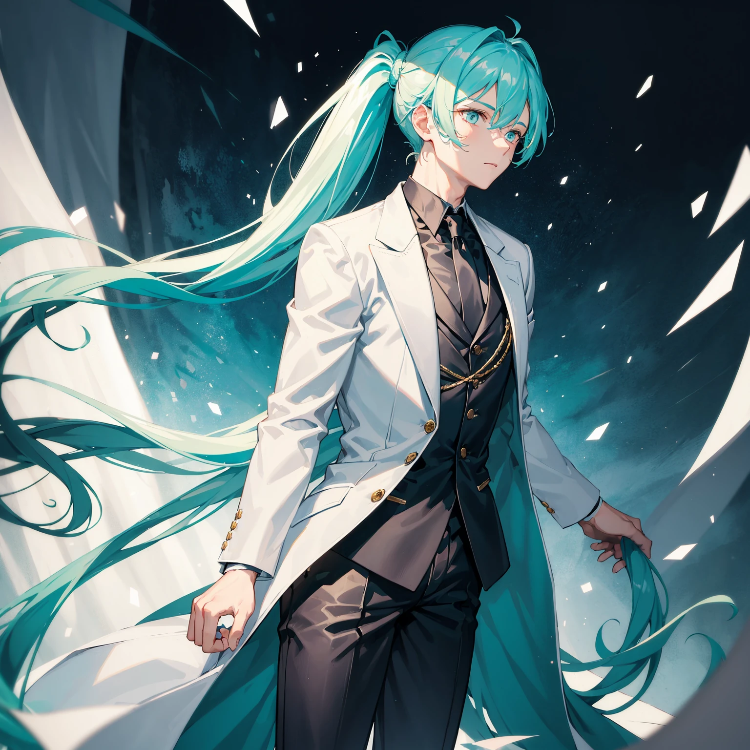 1 boy,long cyan hair tied into a low pony tail,golden eyes,wearing a white shirt,black pants,wearing a lack suit coat laced with silver