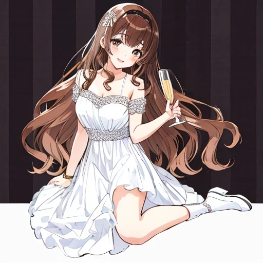 masutepiece, Best Quality,((The background must be plain white:1.8))、For icons、 23 year old beautiful woman, brown haired:1.5、Wavy long hair、独奏、wearing party dress、Cheers with a glass of champagne、Full body、Bewitching smile、