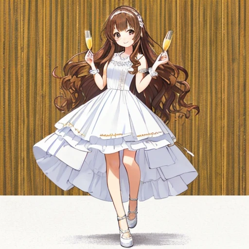masutepiece, Best Quality,((The background must be plain white:1.8))、For icons、 23 year old beautiful woman, brown haired:1.5、Wavy long hair、独奏、wearing party dress、Cheers with a glass of champagne、Full body、Bewitching smile、