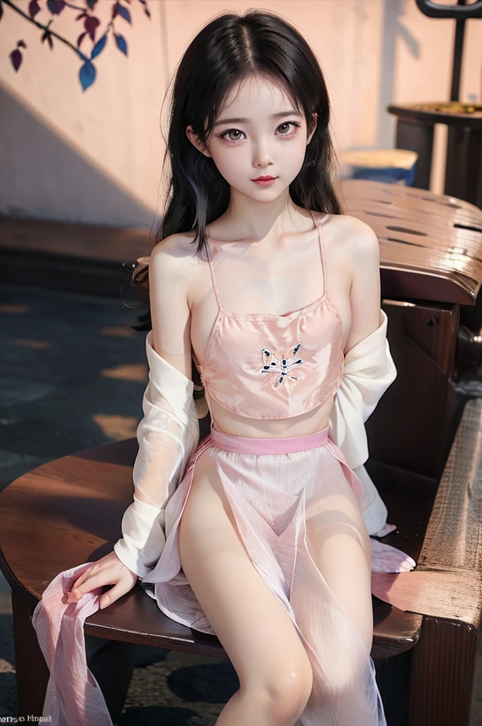 1girl,see-through,sitting,skirt,looking at viewer,long hair,pink cloth,young girl,wet,small tits