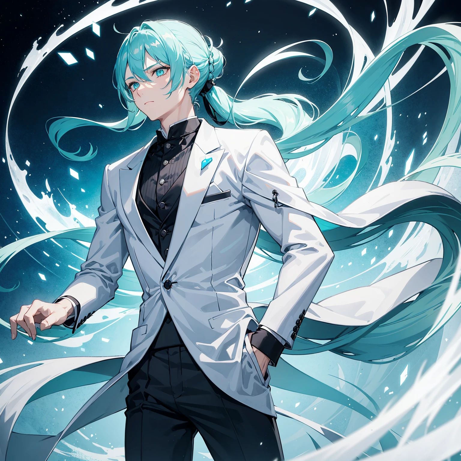 1 boy,long cyan hair tied into a low pony tail,glowing sapphire eyes,wearing a white shirt,black pants,wearing a lack suit coat laced with silver