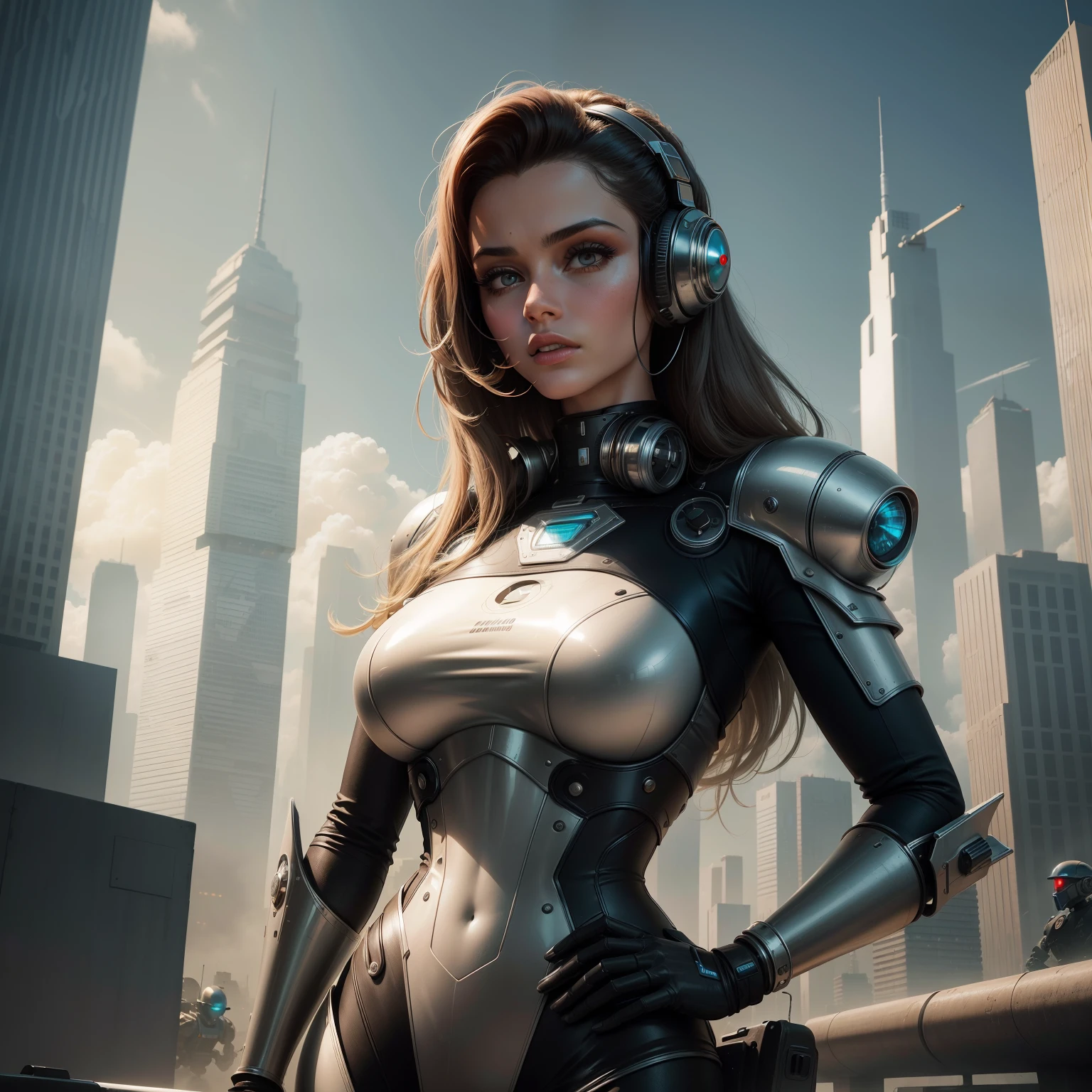 "Crie uma imagem com um estilo retro-futurista. Foto de close-up extremo, Use science fiction elements from the 1950s and 1960s, as robots, CARROS VOADORES, and futuristic skyscrapers."