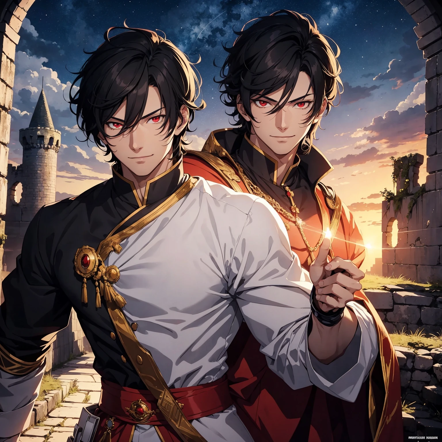 1 anime man,handsome,tall,lean,muscular,black hair,glowing red eyes,wearing white royal clothing,smiling at viewer pridefully,old castle ruins background,night time,illustration,top quality,ultra high detail