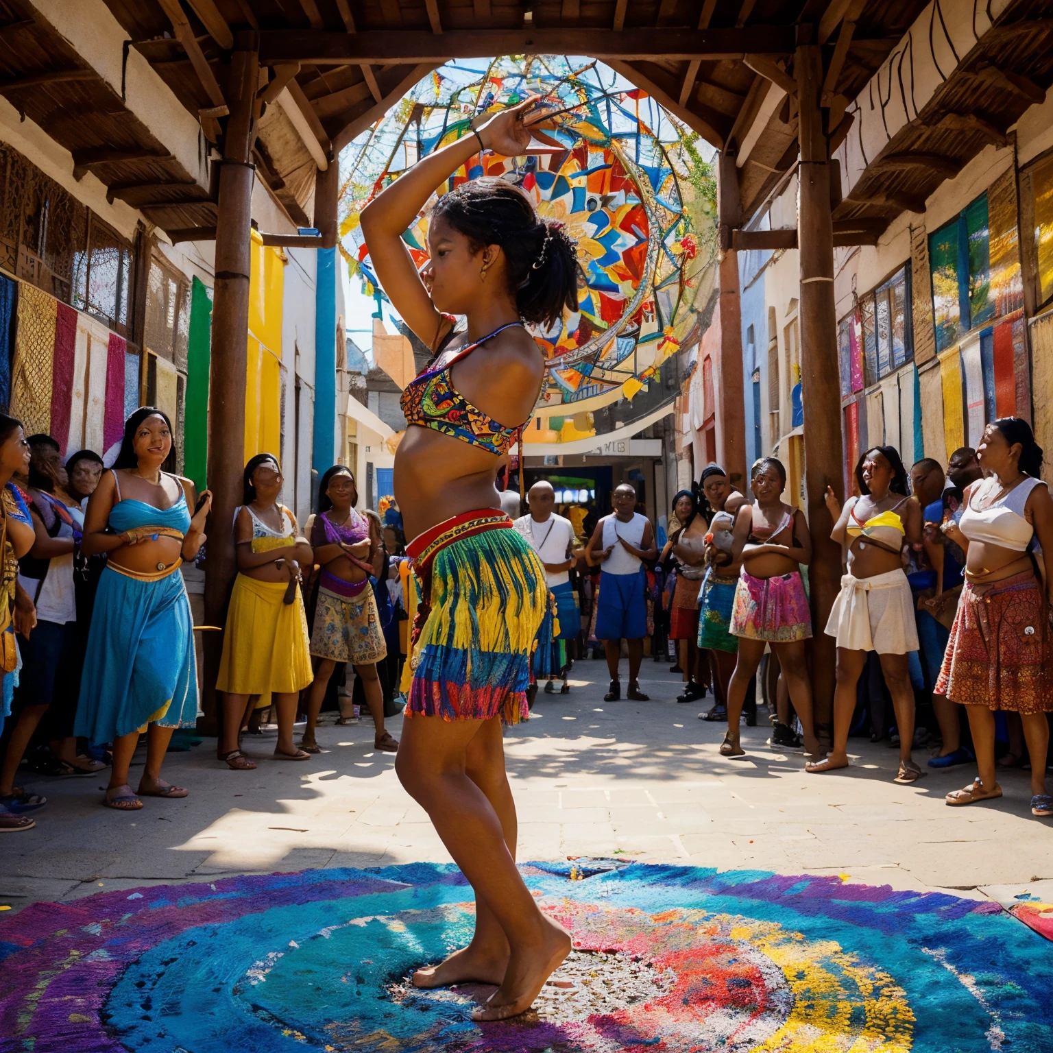 imagine a vibrant and colorful scene with people from different cultures coming together to express their values through various forms of art. depict individuals engaging in traditional dances, playing musical instruments, creating beautiful paintings, or even writing poetry. The artwork could showcase the diversity and richness of cultural expressions across time and place. And in the center of it all, you could have a powerful symbol of love, representing its universal nature and its influence on human development.