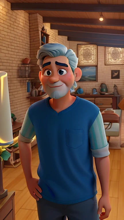 um homem velho magro, cabelo branco, curto,Sage standing in front, illuminated by the light of a lamp, Estilo Pixar, alta qualidade