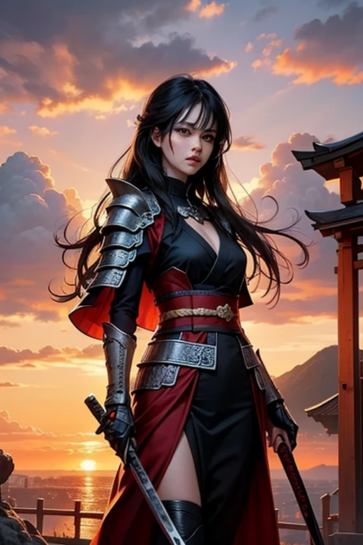 ((best quality)), ((masterpiece)), (detailed), perfect face, girl, samurai armor, wielding katana, red-orange sunset, japanese garden, ((long cloak)), ((long black hair)),