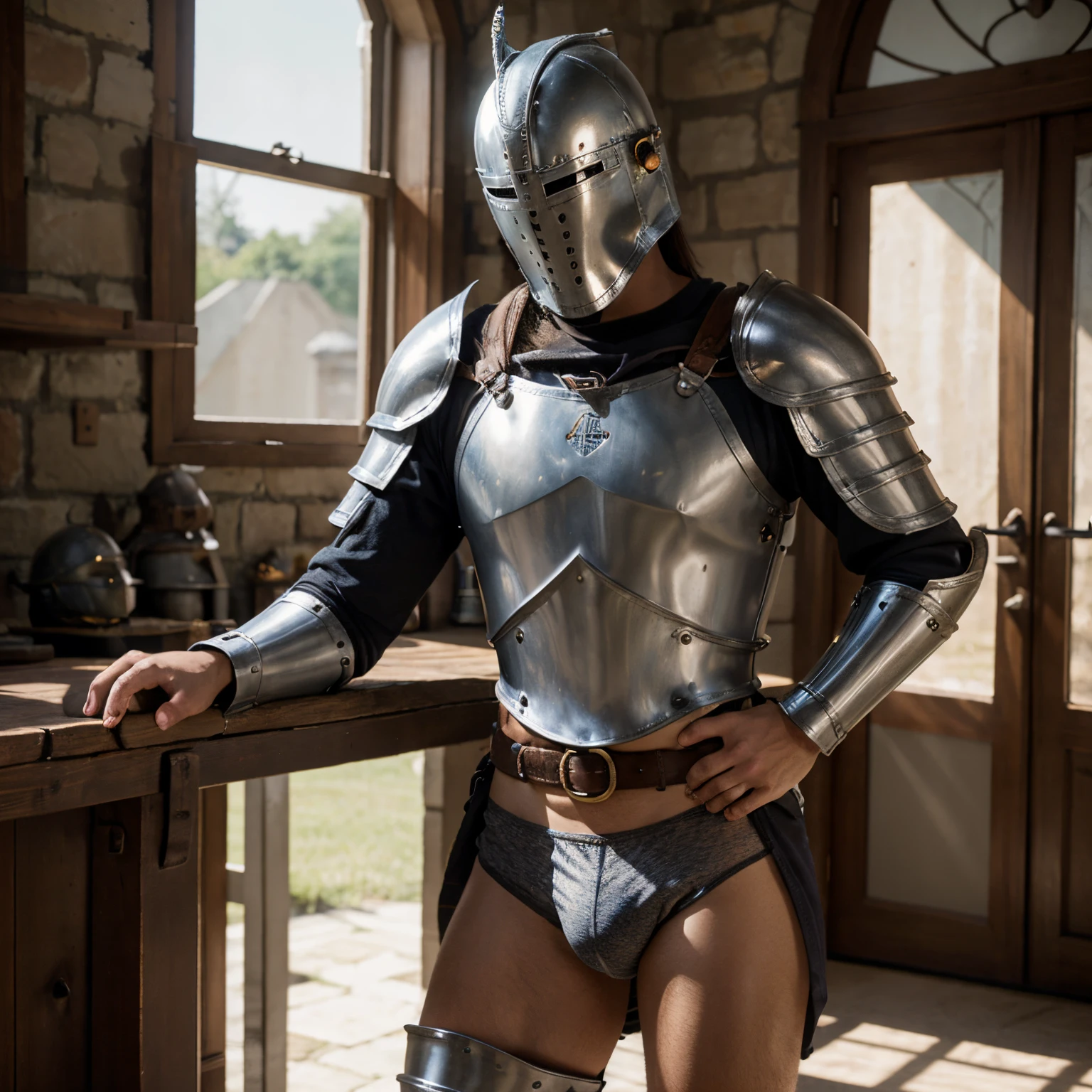 Attractive knight , sitting , no pants , bulge , Knight's helmet , bulge , no pants , stands without pants , outstanding , tight briefs, standingn , hands behind the belt, convex, no pants , outstanding , tubercle, bulge in panty area , bulge , Bump in panties , knight stands, standingn , convex