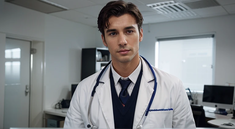 Realistic scene of a handsome doctor, in a white coat, with a stethoscope around his neck, in a very stylish office with contemporary decor.