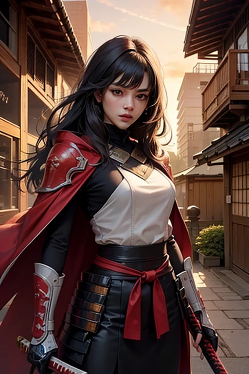 ((best quality)), ((masterpiece)), (detailed), perfect face, girl, samurai armor, wielding katana, red-orange sunset, japanese garden, ((long cloak)), ((long black hair)),