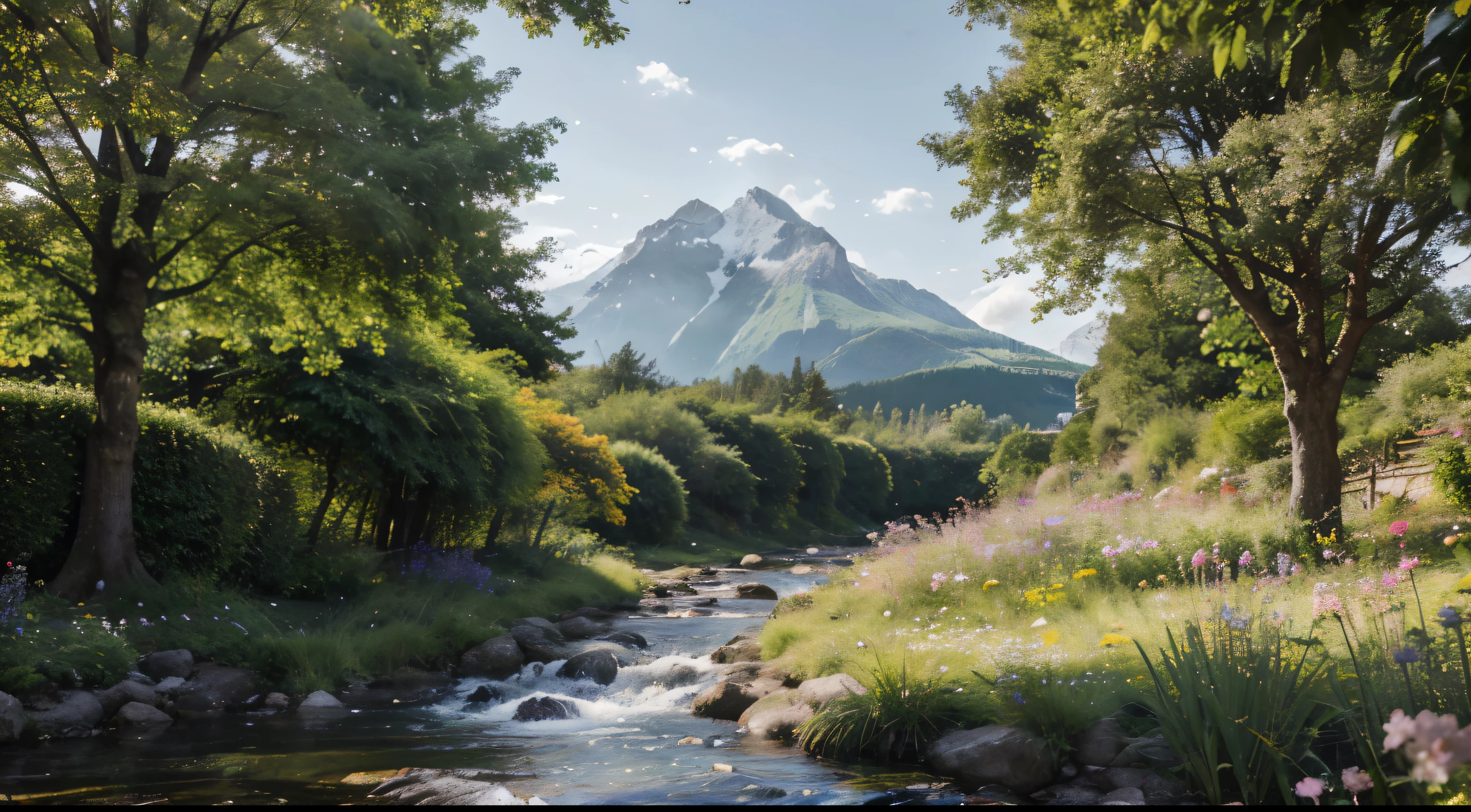 "girl walking in a vibrant spring garden, (best quality, highres), sunlight filtering through the lush green leaves, (ultra-detailed), small delicate flowers blooming along the pathway, (realistic), colorful butterflies fluttering among the blossoms, (vivid colors), gentle breeze rustling the leaves, (bokeh), soft sounds of birds chirping in the distance, (vivid colors), sparkling water flowing in the clear river, (HDR), (physically-based rendering), distant mountains creating a picturesque backdrop, (sharp focus), (photorealistic), a sense of tranquility and renewal fills the air, (landscape), (horror:0.9)"