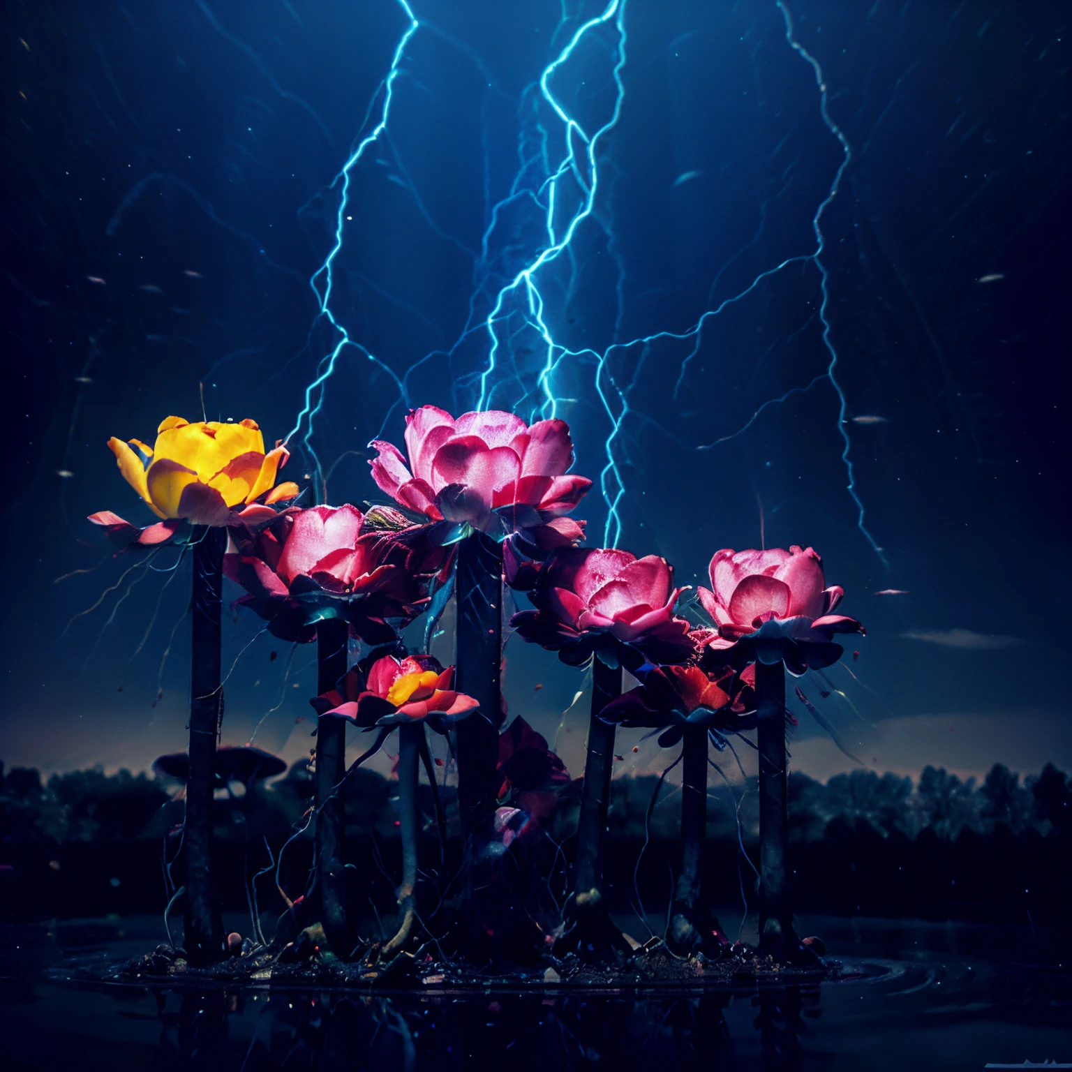 A lonely lotus flower made of colorful lights on a black background, as if I were lost in the galaxy made of neon lights