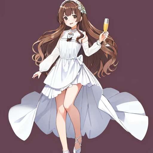 masutepiece, Best Quality,((The background must be plain white:1.8))、For icons、 23 year old beautiful woman, brown haired:1.5、Wavy long hair、独奏、wearing party dress、Cheers with a glass of champagne、Full body、Bewitching smile、