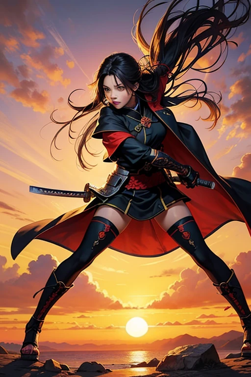 ((best quality)), ((masterpiece)), (detailed), perfect face, girl, samurai armor, wielding katana, red-orange sunset, japanese garden, ((long cloak)), ((long black hair)), full body