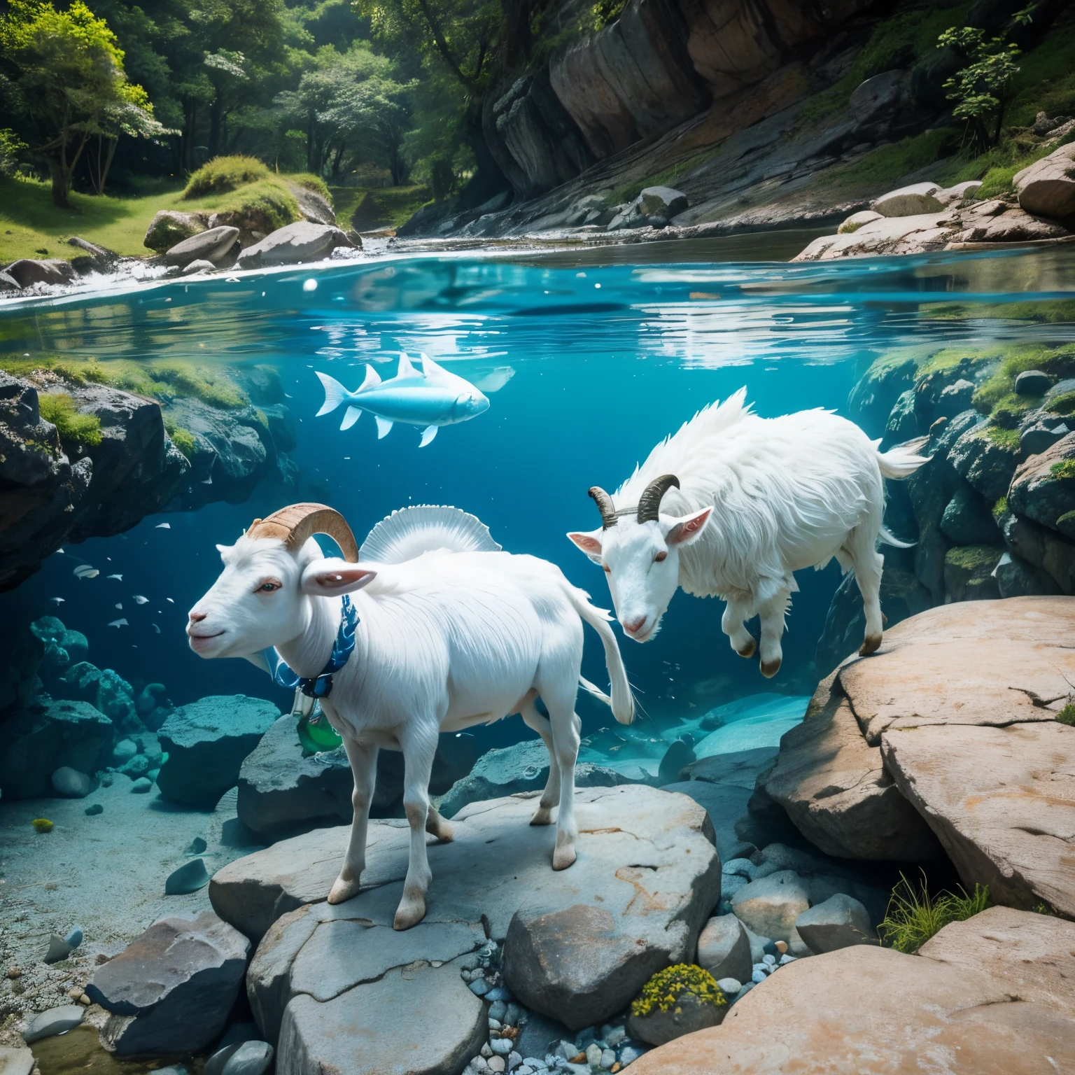Goat vs fish, white goat and small blue fish