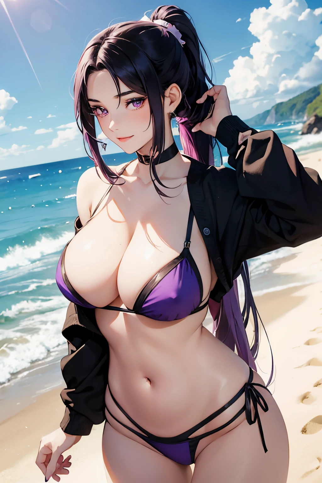 Akeno  a beautiful young woman with a buxom figure around 20 years old with very long purple hair and violet eyes, and a voluptuous figure, a wide and flirtatious smile. Her hair  usually tied in a long ponytail, reaching all the way down to her legs with two strands sticking out from the top and sloping backward, with an orange ribbon keeping it in place. A highly detailed, beach, a dynamic pose