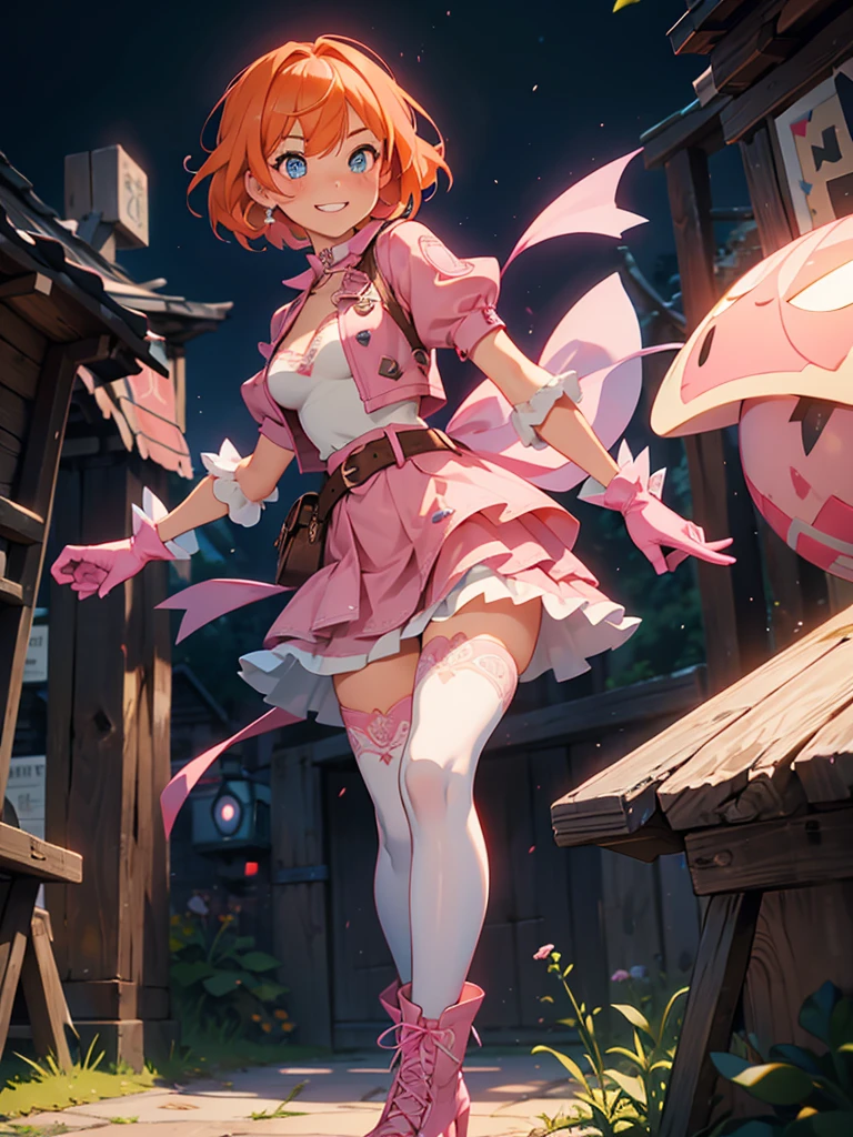 1girl,cowboy shot, beautiful noralkyrie, breasts, looking at viewer, blush, smile, short hair, bangs, blue eyes, skirt, thighhighs, gloves, holding, hair between eyes, jewelry, medium breasts, collarbone, full body, boots, orange hair, grin, shiny hair, blue cropped jacket, white thighhighs, hammernight, outdoors, park, (volumetric lighting), best quality, masterpiece, intricate details, tonemapping, sharp focus, hyper detailed, heart cutout, gloves, jacket, pink skirt, pink belt, short sleeves, puffy sleeves, single armband, fingerless gloves, pink gloves, white ankle boots with pink soles
