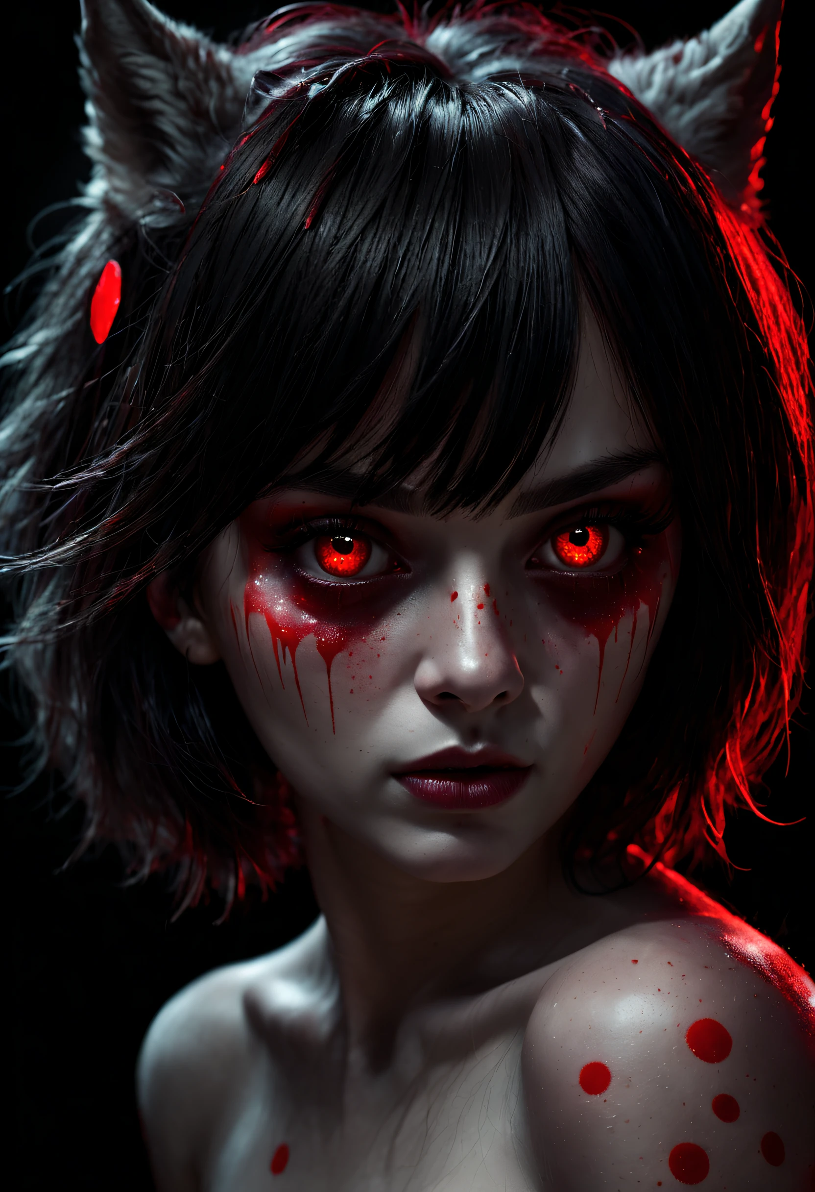 (demon girl),(psychological horror),(close face shot), highly detailed, hd, red shiny dots in black eyes, eye bags, dark background, realistic,(wolf cut hairstyle),(side profile), (looking at viewer)