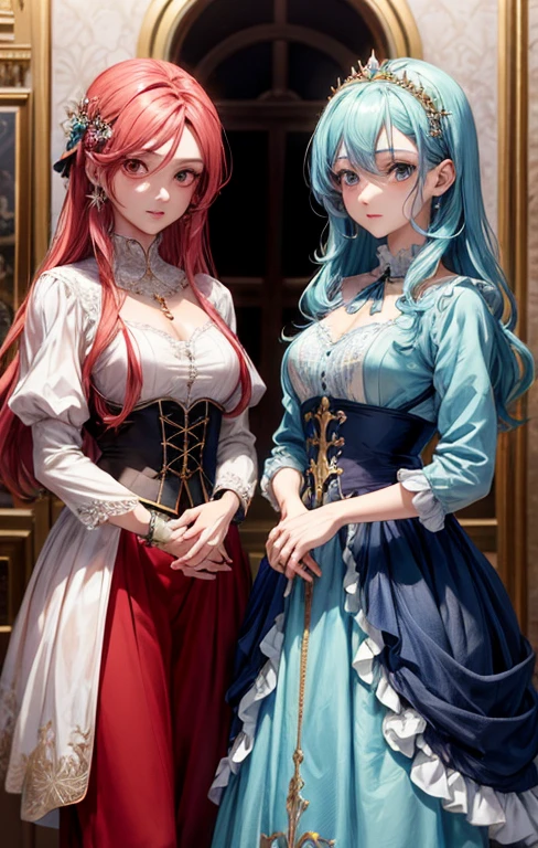 duas mulheres fantasiadas lado a lado em uma sala, vermelho e ciano, duas lindas garotas gemeas de anime, Vermillion e Ciano, ambos vestindo roupas de princesa, azul ou rosa, arte de anime realista, azul e rosa, trending on artstation pixiv, 8k arte detalhada de alta qualidade, garotas de anime, Estilo de arte anime bonito, realistic anime art style