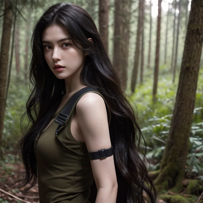 Young woman with long wavy black hair. She has pale skin and light brown eyes. She  in a pine forest. She  dressed like a mercenary. Resident evil style. Apocalyptic.